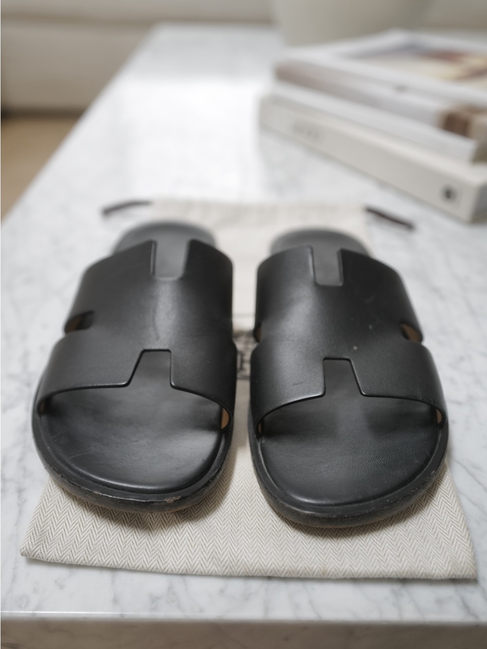 Hermes Men's Black Leather Oran Slide Sandals
